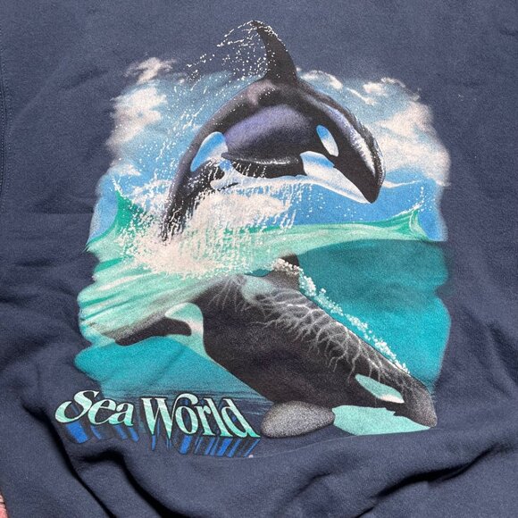 Vintage Sea World Sweatshirt Mens Size Small Blue Orca Whale Nature 90s Skater - Picture 2 of 5